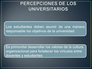 Los estudiantes deben asumir de una manera
responsable los objetivos de la universidad.



Es primordial desarrollar los valores de la cultura
organizacional para fortalecer los vínculos entre
docentes y estudiantes
 