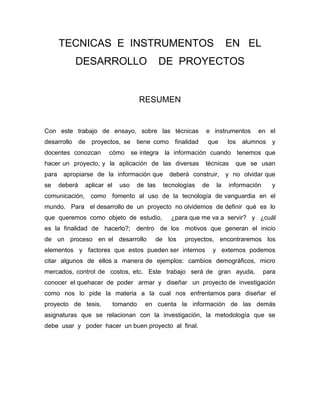Ensayo de desarrollo de  proyectos