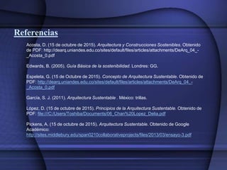 Referencias
Acosta, D. (15 de octubre de 2015). Arquitectura y Construcciones Sostenibles. Obtenido
de PDF: http://dearq.uniandes.edu.co/sites/default/files/articles/attachments/DeArq_04_-
_Acosta_0.pdf
Edwards, B. (2005). Guía Básica de la sostenibilidad. Londres: GG.
Espeleta, G. (15 de Octubre de 2015). Concepto de Arquitectura Sustentable. Obtenido de
PDF: http://dearq.uniandes.edu.co/sites/default/files/articles/attachments/DeArq_04_-
_Acosta_0.pdf
García, S. J. (2011). Arquitectura Sustentable . México: trillas.
López, D. (15 de octubre de 2015). Principios de la Arquitectura Sustentable. Obtenido de
PDF: file:///C:/Users/Toshiba/Documents/06_Chan%20Lopez_Delia.pdf
Pickens, A. (15 de octubre de 2015). Arquitectura Sustentable. Obtenido de Google
Académico:
http://sites.middlebury.edu/span0210collaborativeprojects/files/2013/03/ensayo-3.pdf
 