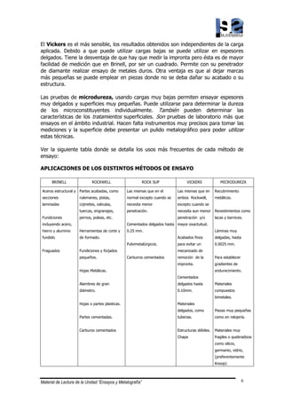 Material de Lectura de la Unidad “Ensayos y Metalografía” 6
El Vickers es el más sensible, los resultados obtenidos son independientes de la carga
aplicada. Debido a que puede utilizar cargas bajas se puede utilizar en espesores
delgados. Tiene la desventaja de que hay que medir la impronta pero ésta es de mayor
facilidad de medición que en Brinell, por ser un cuadrado. Permite con su penetrador
de diamante realizar ensayo de metales duros. Otra ventaja es que al dejar marcas
más pequeñas se puede emplear en piezas donde no se deba dañar su acabado o su
estructura.
Las pruebas de microdureza, usando cargas muy bajas permiten ensayar espesores
muy delgados y superficies muy pequeñas. Puede utilizarse para determinar la dureza
de los microconstituyentes individualmente. También pueden determinar las
características de los tratamientos superficiales. Son pruebas de laboratorio más que
ensayos en el ámbito industrial. Hacen falta instrumentos muy precisos para tomar las
mediciones y la superficie debe presentar un pulido metalográfico para poder utilizar
estas técnicas.
Ver la siguiente tabla donde se detalla los usos más frecuentes de cada método de
ensayo:
APLICACIONES DE LOS DISTINTOS MÉTODOS DE ENSAYO
BRINELL ROCKWELL ROCK SUP VICKERS MICRODUREZA
Aceros estructural y
secciones
laminadas
Fundiciones
incluyendo acero,
hierro y aluminio
fundido
Fraguados
Partes acabadas, como
rulemanes, pistas,
cojinetes, valvulas,
tuercas, engranajes,
pernos, poleas, etc.
Herramientas de corte y
de formado.
Fundiciones y forjados
pequeños.
Hojas Metálicas.
Alambres de gran
diámetro.
Hojas o partes plasticas.
Partes cementadas.
Carburos cementados
Las mismas que en el
normal excepto cuando se
necesita menor
penetración.
Cementados delgados hasta
0.25 mm.
Pulvimetalúrgicos.
Carbuiros cementados
Las mismas que en
ambos Rockwell,
excepto cuando se
necesita aun menor
penetración y/o
mayor exactuitud.
Acabados finos
para evitar un
mecanizado de
remoción de la
impronta.
Cementados
delgados hasta
0.10mm.
Materiales
delgados, como
tuberias.
Estructuras débiles.
Chapa
Recubrimiento
metálicos.
Revestimientos como
lacas y barnices.
Láminas muy
delgadas, hasta
0.0025 mm.
Para establecer
gradientes de
endurecimiento.
Materiales
compuestos
bimetales.
Piezas muy pequeñas
como en relojería.
Materiales muy
fragiles o quebradizos
como silicio,
germanio, vidrio,
(preferentemente
Knoop)
 