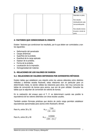 Material de Lectura de la Unidad “Ensayos y Metalografía” 7
Materiales en polvo.
Para estudiar
individualmente cada
microconstituyente.
Para estudiar dureza
de grano y borde de
grano.
4- FACTORES QUE CONDICIONAN EL ENSAYO
Existen factores que condicionan los resultado, por lo que deben ser controlados y son
los siguientes:
• Deformación del penetrador
• Cargas dinámicas
• Superficie de la probeta
• Exactitud de la carga aplicada
• Espesor de la probeta.
• Forma de la probeta.
• Localización de la impresión.
• Homogeneidad del material.
5.- RELACIONES DE LOS VALORES DE DUREZA
5.1- RELACIONES DE VALORES OBTENIDOS POR DIFERENTES MÉTODOS
Existen tablas que establecen una relación entre los valores obtenidos entre distintos
métodos y distintas escalas Rockwell, estas relaciones son en particular para un
determinado metal, no siendo válidas las relaciones para otros. Son muy comunes las
tablas de conversión de dureza para aceros, que son de gran utilidad. Consultar las
tablas que se adjuntan de conversión de valores de dureza.
En la realización del ensayo para el T. P. se determinará cuando sea posible la
equivalencia de los valores obtenidos con otras escalas usuales.
También existen fórmulas prácticas que dentro de cierto rango permiten establecer
equivalencias aproximadas para aceros entre Rockwell y Brinell.
Para Hrb entre 30 y 35 Hb
Hrb
−

130
7300
Para Hrc entre 20 y 40 Hb
2
)
100
(
1420000
Hrc
−

 