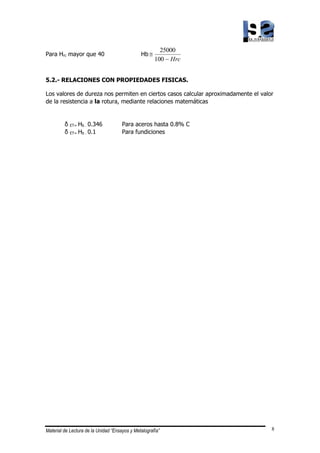 Material de Lectura de la Unidad “Ensayos y Metalografía” 8
Para Hrc mayor que 40 Hb
Hrc
−

100
25000
5.2.- RELACIONES CON PROPIEDADES FISICAS.
Los valores de dureza nos permiten en ciertos casos calcular aproximadamente el valor
de la resistencia a la rotura, mediante relaciones matemáticas
δ ET= Hb . 0.346 Para aceros hasta 0.8% C
δ ET= Hb . 0.1 Para fundiciones
 