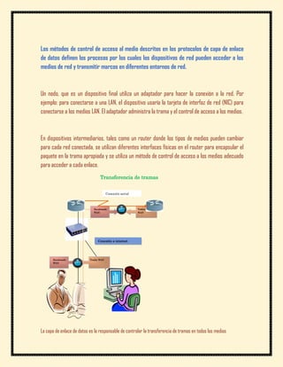Los métodos de control de acceso al medio descritos en los protocolos de capa de enlace
de datos definen los procesos por los cuales los dispositivos de red pueden acceder a los
medios de red y transmitir marcos en diferentes entornos de red.



Un nodo, que es un dispositivo final utiliza un adaptador para hacer la conexión a la red. Por
ejemplo: para conectarse a una LAN, el dispositivo usaría la tarjeta de interfaz de red (NIC) para
conectarse a los medios LAN. El adaptador administra la trama y el control de acceso a los medios.



En dispositivos intermediarios, tales como un router donde los tipos de medios pueden cambiar
para cada red conectada, se utilizan diferentes interfaces físicas en el router para encapsular el
paquete en la trama apropiada y se utiliza un método de control de acceso a los medios adecuado
para acceder a cada enlace.
                                   Transferencia de tramas


                                         Conexión serial



                              Encabezado                   Tráiler
                              WAN                          WAN




                                 Conexión a internet




      Encabezado           Trailer WAN
      WAN




La capa de enlace de datos es la responsable de controlar la transferencia de tramas en todos los medios
 