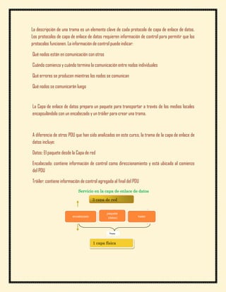 La descripción de una trama es un elemento clave de cada protocolo de capa de enlace de datos.
Los protocolos de capa de enlace de datos requieren información de control para permitir que los
protocolos funcionen. La información de control puede indicar:

Qué nodos están en comunicación con otros

Cuándo comienza y cuándo termina la comunicación entre nodos individuales

Qué errores se producen mientras los nodos se comunican

Qué nodos se comunicarán luego


La Capa de enlace de datos prepara un paquete para transportar a través de los medios locales
encapsulándolo con un encabezado y un tráiler para crear una trama.



A diferencia de otros PDU que han sido analizados en este curso, la trama de la capa de enlace de
datos incluye:

Datos: El paquete desde la Capa de red

Encabezado: contiene información de control como direccionamiento y está ubicado al comienzo
del PDU

Tráiler: contiene información de control agregada al final del PDU
                            Servicio en la capa de enlace de datos

                                     3 capa de red


                                              paquete
                        encabezado             (datos)           trailer




                                               Trama




                                     1 capa física
 