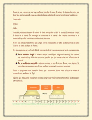 Recuerde que a pesar de que hay muchos protocolos de capa de enlace de datos diferentes que
describen las tramas de la capa de enlace de datos, cada tipo de trama tiene tres partes básicas:

Encabezado,

Datos, y

Tráiler.

Todos los protocolos de capa de enlace de datos encapsulan la PDU de la capa 3 dentro del campo
de datos de la trama. Sin embargo, la estructura de la trama y los campos contenidos en el
encabezado y tráiler varían de acuerdo con el protocolo.

No hay una estructura de trama que cumpla con las necesidades de todos los transportes de datos
a través de todos los tipos de medios.

Hay dos requisitos para el control de la información de la trama según su variación y esta coincida.

           En un ambiente frágil: se necesita mayor control para asegurar la entrega. Los campos
           del encabezado y del tráiler son más grandes, por que se necesita más información de
           control
           En un ambiente protegido: podemos confiar en que la trama llegue a su destino. Se
           necesitan menores controles, lo que produce campos y tramas más pequeños.

Quizás se pregunten como viajan los datos por los medios, bueno pues lo hacen a través de
stream de bits, en forma de ,0 y 1.

Digamos que el siguiente diagrama le ayude a comprender mejor como se formatean los datos para
la transmisión.

                                                                        paquete
                                       encabezado                                                     trailer
                                                                         (datos)



                                                                    Datos
               Inicio   direccionamiento       Tipo   Control                          Detección de      Detener
               de                                     de                               errores           trama
               trama
                                                      calidad


1    0     1      0      0       1         1      1    0        0   1     1        0    0      1       1        1   0   0   1   0   0   1
Los extremos de los bits marcan el inicio y el fin de una trama en específico; como lo muestran los números en rojo.
 