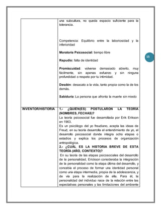15
una subcultura, no queda espacio suficiente para la
tolerancia.
Competencia: Equilibrio entre la laboriosidad y la
inferioridad
Moratoria Psicosocial: tiempo libre
Repudio: falta de identidad
Promiscuidad: volverse demasiado abierto, muy
fácilmente, sin apenas esfuerzo y sin ninguna
profundidad o respeto por tu intimidad.
Desdén: desacato a la vida, tanto propia como la de los
demás.
Sabiduría :La persona que afronta la muerte sin miedo
INVENTOR/HISTORIA 1.- ¿QUIÉN(ES) POSTULARON LA TEORÍA
(NOMBRES, FECHAS)?
La teoría psicosocial fue desarrollada por Erik Erikson
en 1963.
Es un psicólogo del yo freudiano, acepta las ideas de
Freud, en su teoría desarrolla el entendimiento de yo, el
desarrollo psicosocial donde integra ocho etapas o
estadios y explica los procesos de organización
antropológica.
2.- ¿CUÁL ES LA HISTORIA BREVE DE ESTA
TEORÍA (AÑO, CONTEXTO)?
En su teoría de las etapas psicosociales del desarrollo
de la personalidad, Erickson consideraba la integración
de la personalidad como la etapa última del desarrollo, y
concebía el proceso de formar una identidad personal
como una etapa intermedia, propia de la adolescencia, y
de vía para la realización de ella. Para él, la
personalidad del individuo nace de la relación entre las
expectativas personales y las limitaciones del ambiente
 