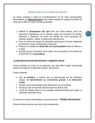 5
FORMULACIÓN DE LA TEORIA DE ERIKSON
Su teoría comienza a partir de la reinterpretación de las fases psicosexuales
desarrolladas por Sigmund Freud en las cuales subrayó los aspectos sociales de
cada una de ellas en cuatro facetas principales:
1. Enfatizó la comprensión del ‘yo’ como una fuerza intensa, como una
capacidad organizadora de la persona, capaz de reconciliar las fuerzas
sintónicas y distónicas, así como de resolver las crisis derivadas del
contexto genético, cultural e histórico de cada persona.
2. Puso en relieve las etapas de desarrollo psicosexual de Freud, integrando
la dimensión social y el desarrollo psicosocial.
3. Propuso el concepto de desarrollo de la personalidad desde la infancia a
la vejez.
4. Investigó acerca del impacto de la cultura, de la sociedad y de la historia en
el desarrollo de la personalidad.
LA DISCREPANCIA ENTRE ERIKSON Y SIGMUND FREUD
Erikson disiente con Freud en la relevancia que este último otorgó al desarrollo
sexual para explicar el desarrollo evolutivo del individuo.
Erikson entiende:
 Que el individuo, a medida que va transcurriendo por las diferentes
etapas, va desarrollando su consciencia gracias a la interacción
social.
 Enfatizó que la personalidad está influenciada por la sociedad.
 Él expuso que el desarrollo del Ciclo vital dura toda la vida.
 Todas las etapas deben de ser resueltas satisfactoriamente para lograr un
desarrollo saludable del yo.
Su teoría fue sobre la personalidad a la que denominó: “TEORÍA PSICOSOCIAL”
Erikson también propone una teoría de la competencia.
 