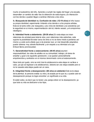 9
mucho el autoestima del niño. Aprende a cumplir las reglas del hogar y la escuela,
desarrollan un sentido de valía tras la obtención de estos logros y la interacción
con los demás o pueden llegar a sentirse inferiores a los otros.
5.- Búsqueda de identidad vs. Confusión de roles: (12-19 años) el niño busca
su propia identidad, experimenta imitando a los demás o a los propios artistas.
Esta es la lucha entre una búsqueda y una crisis de identidad y se caracteriza por
la seguridad en si mismo, experimentación del rol, interés sexual, y el compromiso
ideológico.
6.- Intimidad frente a aislamiento: (20-30 años) En esta etapa se crean
relaciones de amistad para toda la vida y son relaciones más estrechas, esta
supone la posibilidad de estar cerca de otros si no se tiene miedo a perderse así
mismo y a esto se le añade que si de jóvenes tuvo un mal desarrollo adaptativo
puede volverse muy abierto fácilmente y sin respeto a su intimidad a lo que
Erikson llama promiscuidad.
7.- Generatividad frente a estancamiento: (40-45 años) asumen
responsabilidad, los roles de adultos en su comunidad, trabajo y la tarea de
enseñar y guiar a la siguiente generación, o se quedan personalmente
empobrecidos y centrados en si mismos denominado como el estancamiento.
Hace todo por gusto, sino se vivió bien la adolescencia esta etapa no se lleva a
cabo, ya que se regresan a la adolescencia, debería ser una etapa estable pero si
no te casaste esta etapa puede ser un caos.
8.- Integridad frente a desesperación: (60 años en adelante) Está es la etapa
de la plenitud, la persona evalúa su vida y la acepta por lo que es, o puede caer en
desesperación porque no logra encontrar un significado a su vida.
Si están solos; es decir que no tienen una pareja entran en la desesperación, ya
que toda su vida se dedicaron a los hijos.
 