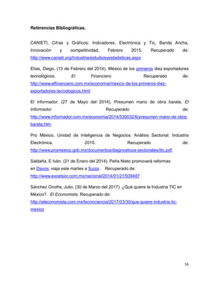 16
Referencias Bibliográficas.
CANIETI, Cifras y Gráficos: Indicadores; Electrónica y Tic, Banda Ancha,
Innovación y competitividad, Febrero 2015. Recuperado de:
http://www.canieti.org/Industria/estudiosyestadisticas.aspx
Elías, Diego. (13 de Febrero del 2014). México de los primeros diez exportadores
tecnológicos. El Financiero. Recuperado de:
http://www.elfinanciero.com.mx/economia/mexico-de-los-primeros-diez-
exportadores-tecnologicos.html
El informador. (27 de Mayo del 2014). Presumen mano de obra barata. El
Informador. Recuperado de:
http://www.informador.com.mx/economia/2014/530032/6/presumen-mano-de-obra-
barata.htm
Pro México, Unidad de Inteligencia de Negocios: Análisis Sectorial: Industria
Electrónica, 2015. Recuperado de:
http://www.promexico.gob.mx/documentos/diagnosticos-sectoriales/itic.pdf.
Saldaña, E Iván. (21 de Enero del 2014). Peña Nieto promoverá reformas
en Davos; viaja este martes a Suiza . Recuperado de:
http://www.excelsior.com.mx/nacional/2014/01/21/939487
Sánchez Onofre, Julio. (30 de Marzo del 2017). ¿Qué quiere la Industria TIC en
México?. El Economista. Recuperado de:
http://eleconomista.com.mx/tecnociencia/2017/03/30/que-quiere-industria-tic-
mexico
 