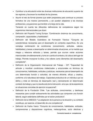 Formación basada en competencias
11
 Contribuir a la articulación entre las diversas instituciones de educación superior de
las regiones y favorecer la movilidad de los jóvenes.
 Asumir el reto de formar jóvenes que estén preparados para continuar su proceso
formativo de una manera permanente, y así puedan adaptarse a las diversas
profesiones y ocupaciones que tendrán a lo largo de la vida.
Teniendo en cuenta las diferentes definiciones de competencia según los
organismos internacionales que dicen:
 Definición del Proyecto Tuning Europa: "Combinación dinámica de conocimiento,
compresión, capacidades y habilidades".
 Definición del Modelo Australiano de Formación Técnica: "Conjunto de
características necesarias para el desempeño en contextos específicos. Es una
compleja combinación de condiciones (conocimiento, actitudes, valores,
habilidades) y tareas a desempeñar en determinadas situaciones, en la medida que
integra y relaciona atributos y tareas, permite que ocurran varias acciones
intencionales simultáneamente y toma en cuenta el contexto y la cultura del lugar de
trabajo. Permite incorporar la ética y los valores como elementos del desempeño
competente".
 Definición de la Organización Internacional del Trabajo - OIT: "Capacidad de
articular y movilizar condiciones intelectuales y emocionales en términos de
conocimientos, habilidades, actitudes y prácticas, necesarias para el desempeño de
una determinada función o actividad, de manera eficiente, eficaz y creativa,
conforme a la naturaleza del trabajo. Capacidad productiva de un individuo que se
define y mide en términos de desempeño real y demostrando en determinado
contexto de trabajo y que no resulta solo de la instrucción, sino que, de la experiencia
en situaciones concretas de ejercicio ocupacional".
 Definición de la Fundación Chile: "Las actitudes, conocimientos, y destrezas
necesarias para cumplir exitosamente las actividades que componen una función
laboral, según estándares definidos por el sector productivo".
 Definición de la UNESCO: "La adaptación de la persona a la situación y su contexto
constituye, por esencia, el desarrollo de una competencia".
 Definición de Carlos Vasco: "Conjunto de conocimientos, habilidades, actitudes,
comprensiones y disposiciones cognitivas, metacognitivas, socio afectivas y
 
