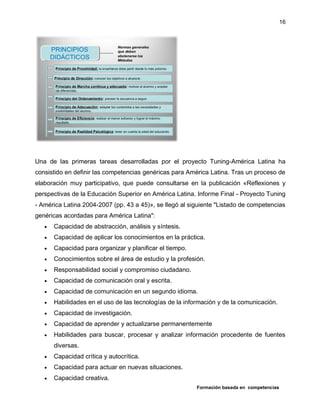 Formación basada en competencias
16
Una de las primeras tareas desarrolladas por el proyecto Tuning-América Latina ha
consistido en definir las competencias genéricas para América Latina. Tras un proceso de
elaboración muy participativo, que puede consultarse en la publicación «Reflexiones y
perspectivas de la Educación Superior en América Latina. Informe Final - Proyecto Tuning
- América Latina 2004-2007 (pp. 43 a 45)», se llegó al siguiente "Listado de competencias
genéricas acordadas para América Latina":
 Capacidad de abstracción, análisis y síntesis.
 Capacidad de aplicar los conocimientos en la práctica.
 Capacidad para organizar y planificar el tiempo.
 Conocimientos sobre el área de estudio y la profesión.
 Responsabilidad social y compromiso ciudadano.
 Capacidad de comunicación oral y escrita.
 Capacidad de comunicación en un segundo idioma.
 Habilidades en el uso de las tecnologías de la información y de la comunicación.
 Capacidad de investigación.
 Capacidad de aprender y actualizarse permanentemente
 Habilidades para buscar, procesar y analizar información procedente de fuentes
diversas.
 Capacidad crítica y autocrítica.
 Capacidad para actuar en nuevas situaciones.
 Capacidad creativa.
 