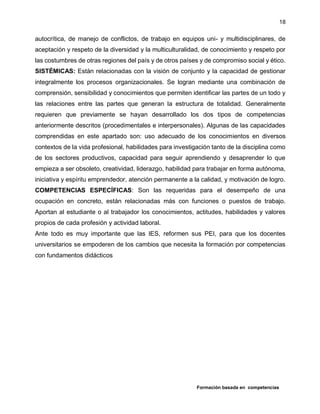 Formación basada en competencias
18
autocrítica, de manejo de conflictos, de trabajo en equipos uni- y multidisciplinares, de
aceptación y respeto de la diversidad y la multiculturalidad, de conocimiento y respeto por
las costumbres de otras regiones del país y de otros países y de compromiso social y ético.
SISTÉMICAS: Están relacionadas con la visión de conjunto y la capacidad de gestionar
integralmente los procesos organizacionales. Se logran mediante una combinación de
comprensión, sensibilidad y conocimientos que permiten identificar las partes de un todo y
las relaciones entre las partes que generan la estructura de totalidad. Generalmente
requieren que previamente se hayan desarrollado los dos tipos de competencias
anteriormente descritos (procedimentales e interpersonales). Algunas de las capacidades
comprendidas en este apartado son: uso adecuado de los conocimientos en diversos
contextos de la vida profesional, habilidades para investigación tanto de la disciplina como
de los sectores productivos, capacidad para seguir aprendiendo y desaprender lo que
empieza a ser obsoleto, creatividad, liderazgo, habilidad para trabajar en forma autónoma,
iniciativa y espíritu emprendedor, atención permanente a la calidad, y motivación de logro.
COMPETENCIAS ESPECÍFICAS: Son las requeridas para el desempeño de una
ocupación en concreto, están relacionadas más con funciones o puestos de trabajo.
Aportan al estudiante o al trabajador los conocimientos, actitudes, habilidades y valores
propios de cada profesión y actividad laboral.
Ante todo es muy importante que las IES, reformen sus PEI, para que los docentes
universitarios se empoderen de los cambios que necesita la formación por competencias
con fundamentos didácticos
 