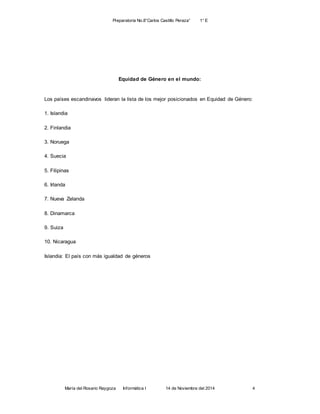 Preparatoria No.8”Carlos Castillo Peraza” 1° E
María del Rosario Raygoza Informática I 14 de Noviembre del 2014 4
Equidad de Género en el mundo:
Los países escandinavos lideran la lista de los mejor posicionados en Equidad de Género:
1. Islandia
2. Finlandia
3. Noruega
4. Suecia
5. Filipinas
6. Irlanda
7. Nueva Zelanda
8. Dinamarca
9. Suiza
10. Nicaragua
Islandia: El país con más igualdad de géneros
 