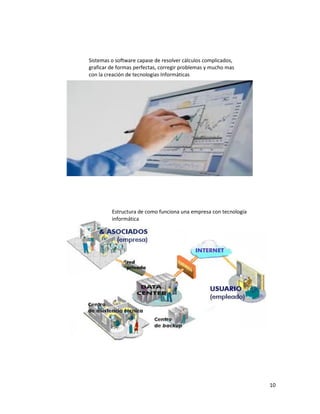 10
Sistemas o software capase de resolver cálculos complicados,
graficar de formas perfectas, corregir problemas y mucho mas
con la creación de tecnologías Informáticas
Estructura de como funciona una empresa con tecnología
informática
 