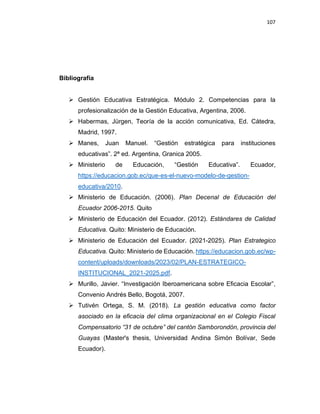 107
Bibliografía
➢ Gestión Educativa Estratégica. Módulo 2. Competencias para la
profesionalización de la Gestión Educativa, Argentina, 2006.
➢ Habermas, Jürgen, Teoría de la acción comunicativa, Ed. Cátedra,
Madrid, 1997.
➢ Manes, Juan Manuel. “Gestión estratégica para instituciones
educativas”. 2ª ed. Argentina, Granica 2005.
➢ Ministerio de Educación, “Gestión Educativa”. Ecuador,
https://educacion.gob.ec/que-es-el-nuevo-modelo-de-gestion-
educativa/2010.
➢ Ministerio de Educación. (2006). Plan Decenal de Educación del
Ecuador 2006-2015. Quito
➢ Ministerio de Educación del Ecuador. (2012). Estándares de Calidad
Educativa. Quito: Ministerio de Educación.
➢ Ministerio de Educación del Ecuador. (2021-2025). Plan Estrategico
Educativa. Quito: Ministerio de Educación. https://educacion.gob.ec/wp-
content/uploads/downloads/2023/02/PLAN-ESTRATEGICO-
INSTITUCIONAL_2021-2025.pdf.
➢ Murillo, Javier. “Investigación Iberoamericana sobre Eficacia Escolar”,
Convenio Andrés Bello, Bogotá, 2007.
➢ Tutivén Ortega, S. M. (2018). La gestión educativa como factor
asociado en la eficacia del clima organizacional en el Colegio Fiscal
Compensatorio “31 de octubre” del cantón Samborondón, provincia del
Guayas (Master's thesis, Universidad Andina Simón Bolívar, Sede
Ecuador).
 