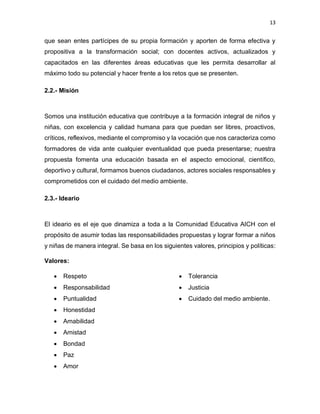 13
que sean entes partícipes de su propia formación y aporten de forma efectiva y
propositiva a la transformación social; con docentes activos, actualizados y
capacitados en las diferentes áreas educativas que les permita desarrollar al
máximo todo su potencial y hacer frente a los retos que se presenten.
2.2.- Misión
Somos una institución educativa que contribuye a la formación integral de niños y
niñas, con excelencia y calidad humana para que puedan ser libres, proactivos,
críticos, reflexivos, mediante el compromiso y la vocación que nos caracteriza como
formadores de vida ante cualquier eventualidad que pueda presentarse; nuestra
propuesta fomenta una educación basada en el aspecto emocional, científico,
deportivo y cultural, formamos buenos ciudadanos, actores sociales responsables y
comprometidos con el cuidado del medio ambiente.
2.3.- Ideario
El ideario es el eje que dinamiza a toda a la Comunidad Educativa AICH con el
propósito de asumir todas las responsabilidades propuestas y lograr formar a niños
y niñas de manera integral. Se basa en los siguientes valores, principios y políticas:
Valores:
• Respeto
• Responsabilidad
• Puntualidad
• Honestidad
• Amabilidad
• Amistad
• Bondad
• Paz
• Amor
• Tolerancia
• Justicia
• Cuidado del medio ambiente.
 