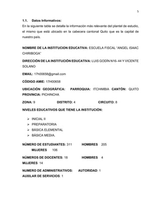5
1.1. Datos Informativos:
En la siguiente tabla se detalla la información más relevante del plantel de estudio,
el mismo que está ubicado en la cabecera cantonal Quito que es la capital de
nuestro país.
NOMBRE DE LA INSTITUCION EDUCATIVA: ESCUELA FISCAL “ANGEL ISAAC
CHIRIBOGA”
DIRECCIÓN DE LA INSTITUCIÓN EDUCATIVA: LUIS GODÍN N16- 44 Y VICENTE
SOLANO
EMAIL: 17h00658@gmail.com
CÓDIGO AMIE: 17H00658
UBICACIÓN GEOGRÁFICA: PARROQUIA: ITCHIMBIA CANTÓN: QUITO
PROVINCIA: PICHINCHA
ZONA: 9 DISTRITO: 4 CIRCUITO: 8
NIVELES EDUCATIVOS QUE TIENE LA INSTITUCIÓN:
➢ INICIAL II
➢ PREPARATORIA
➢ BÁSICA ELEMENTAL
➢ BÁSICA MEDIA.
NÚMERO DE ESTUDIANTES: 311 HOMBRES 205
MUJERES 106
NÚMEROS DE DOCENTES: 18 HOMBRES 4
MUJERES 14
NUMERO DE ADMINISTRATIVOS: AUTORIDAD: 1
AUXILAR DE SERVICIOS: 1
 