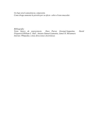 Un bajo nivel somnolencia y depresión.
Como droga aumenta la presión por su efecto sobre el tono muscular.




Bibliografía:
Texto básico de neurociencia            Dave Purves ,GeorgeJ.Augustine,    David
Fitzpatrick,William C. Hall ; Antonio Samuel Lamantia, James O. Mcnamara
Internet. Wikipedia y otras direcciones electrónicas
 