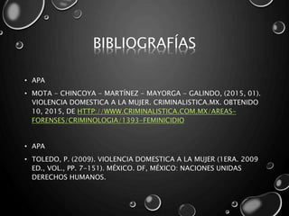 BIBLIOGRAFÍAS
• APA
• MOTA - CHINCOYA - MARTÍNEZ - MAYORGA - GALINDO, (2015, 01).
VIOLENCIA DOMESTICA A LA MUJER. CRIMINALISTICA.MX. OBTENIDO
10, 2015, DE HTTP://WWW.CRIMINALISTICA.COM.MX/AREAS-
FORENSES/CRIMINOLOGIA/1393-FEMINICIDIO
• APA
• TOLEDO, P. (2009). VIOLENCIA DOMESTICA A LA MUJER (1ERA. 2009
ED., VOL., PP. 7-151). MÉXICO. DF, MÉXICO: NACIONES UNIDAS
DERECHOS HUMANOS.
 