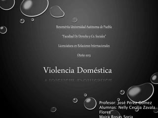 Violencia Doméstica
Profesor: José Pérez Gómez
Alumnas: Nelly Cecilia Zavala
Flores
Benemérita Universidad Autónoma de Puebla
“Facultad De Derecho y Cs. Sociales”
Licenciatura en Relaciones Internacionales
Otoño 2015
 