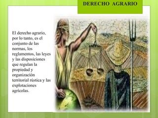 DERECHO AGRARIO
El derecho agrario,
por lo tanto, es el
conjunto de las
normas, los
reglamentos, las leyes
y las disposiciones
que regulan la
propiedad y
organización
territorial rústica y las
explotaciones
agrícolas.
 