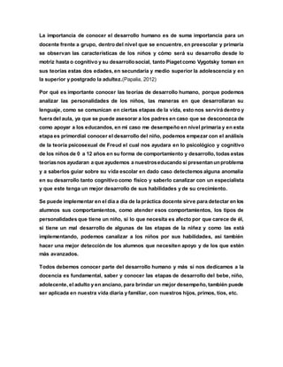La importancia de conocer el desarrollo humano es de suma importancia para un
docente frente a grupo, dentro del nivel que se encuentre, en preescolar y primaria
se observan las características de los niños y cómo será su desarrollo desde lo
motriz hasta o cognitivo y su desarrollosocial, tanto Piagetcomo Vygotsky toman en
sus teorías estas dos edades, en secundaria y medio superior la adolescencia y en
la superior y postgrado la adultez.(Papalia, 2012)
Por qué es importante conocer las teorías de desarrollo humano, porque podemos
analizar las personalidades de los niños, las maneras en que desarrollaran su
lenguaje, como se comunican en ciertas etapas de la vida, esto nos servirá dentro y
fuera del aula, ya que se puede asesorar a los padres en caso que se desconozca de
como apoyar a los educandos, en mi caso me desempeño en nivel primaria y en esta
etapa es primordial conocer el desarrollo del niño, podemos empezar con el análisis
de la teoría psicosexual de Freud el cual nos ayudara en lo psicológico y cognitivo
de los niños de 0 a 12 años en su forma de comportamiento y desarrollo, todas estas
teoríasnos ayudaran a que ayudemos a nuestroseducando si presentanunproblema
y a saberlos guiar sobre su vida escolar en dado caso detectemos alguna anomalía
en su desarrollo tanto cognitivo como físico y saberlo canalizar con un especialista
y que este tenga un mejor desarrollo de sus habilidades y de su crecimiento.
Se puede implementar en el día a día de la práctica docente sirve para detectar en los
alumnos sus comportamientos, como atender esos comportamientos, los tipos de
personalidades que tiene un niño, si lo que necesita es afecto por que carece de él,
si tiene un mal desarrollo de algunas de las etapas de la niñez y como las está
implementando, podemos canalizar a los niños por sus habilidades, así también
hacer una mejor detección de los alumnos que necesiten apoyo y de los que estén
más avanzados.
Todos debemos conocer parte del desarrollo humano y más si nos dedicamos a la
docencia es fundamental, saber y conocer las etapas de desarrollo del bebe, niño,
adolecente, el adulto y en anciano, para brindar un mejor desempeño, también puede
ser aplicada en nuestra vida diaria y familiar, con nuestros hijos, primos, tíos, etc.
 