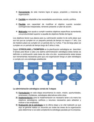  Conveniente de esta manera logra el apoyo, propósito y misiones de
organización.
 Factible es adaptable a las necesidades económicas, social y política.
 Flexible con capacidad de modificar el objetivo cuando sucedan
contingencias inesperadas, teniendo presente un plan de acción.
 Motivador nos ayuda a cumplir nuestros objetivos específicos aumentando
una productividad superior a aquella de objetivos fáciles de lograr.
Los objetivos tienen sus plazos para su culminación existen lo de corto plazo que
son los que se cumplen en un pequeño periodo de tiempo no mayor a 1 año. Los
de mediano plazo se cumplen en un periodo de 2 y 3 años. Y los de largo plazo se
cumplen en un periodo de tiempo largo de 5 años o más.
Según STRICKLAND y THOMPSON en la planificación estratégica se describen
5 tareas para llevar a cabo una óptima administración estratégica estas tareas se
definirán a continuación cada tarea da vida a la otra sucesivamente estas tareas
son herramientas necesarias para que una organización tenga un plan estratégico
o cumpla con una estrategia establecida
La administración estratégica consta de 3 etapas
1) Formulación en esta etapa encontramos la visión, misión, oportunidades,
amenazas y fortalezas, estrategias alternativas entre otras.
2) Implementación para la implementación es necesario tener a la mano los
objetivos estratégicos, políticos y recursos necesarios para adiestrar y
motivar a los empleados.
3) Evaluación de la estrategia es la última etapa y es vital realizarlo ya que
aquí el gerente realiza un recorrido por todas las áreas de la organización
para determinar si se está cumpliendo la estrategia pautada por la empresa.
 