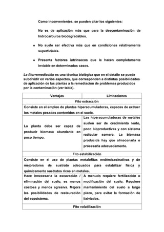 Como inconvenientes, se pueden citar los siguientes:

          No es de aplicación más que para la descontaminación de
          hidrocarburos biodegradables.

         No suele ser efectiva más que en condiciones relativamente
          superficiales.

         Presenta factores intrínsecos que la hacen completamente
          inviable en determinados casos.

La fitorremediación es una técnica biológica que en el detalle se puede
subdividir en varios aspectos, que corresponden a distintas posibilidades
de aplicación de las plantas a la remediación de problemas producidos
por la contaminación (ver tabla).

                  Ventajas                                Limitaciones
                                     Fito extracción
Consiste en el empleo de plantas hiperacumuladoras, capaces de extraer
los metales pesados contenidos en el suelo.
                                    Las hiperacumuladoras de metales
                                          suelen ser de crecimiento lento,
La   planta   debe   ser     capaz   de
                                          poco bioproductivas y con sistema
producir biomasa abundante en
                                          radicular     somero.    La   biomasa
poco tiempo.
                                          producida hay que almacenarla o
                                          procesarla adecuadamente.

                                 Fito estabilización
Consiste en el uso de plantas metalófitas endémicas/nativas y de
mejoradores     de   sustrato    adecuados       para     estabilizar   física   y
químicamente sustratos ricos en metales.
Hace innecesaria la excavación / A menudo requiere fertilización o
eliminación del suelo, es menos modificación del suelo. Requiere
costosa y menos agresiva. Mejora mantenimiento del suelo a largo
las posibilidades de restauración plazo, para evitar la formación de
del ecosistema.                           lixiviados.

                                 Fito volatilización
 