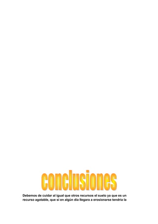 Debemos de cuidar al igual que otros recursos el suelo ya que es un
recurso agotable, que si en algún día llegara a erosionarse tendría la
 