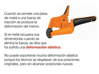 Cuando se somete una pieza 
de metal a una fuerza de 
tracción se produce la 
deformación del mismo. 
Si el metal recupera sus 
dimensiones cuando se 
elimina la fuerza, se dice que 
ha sufrido una deformación elástica. 
No puede soportarse mucha deformación elástica 
porque los átomos se desplazan de sus posiciones 
originales, pero sin alcanzar posiciones nuevas 
 