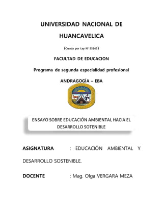 UNIVERSIDAD NACIONAL DE
HUANCAVELICA
(Creada por Ley N° 25265)
FACULTAD DE EDUCACION
Programa de segunda especialidad profesional
ANDRAGOGÍA – EBA
ASIGNATURA : EDUCACIÓN AMBIENTAL Y
DESARROLLO SOSTENIBLE.
DOCENTE : Mag. Olga VERGARA MEZA
 