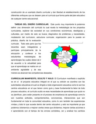 construcción de un acertado diseño curricular y dan libertad al establecimiento de los
diferentes enfoques que se deseen para el currículo que forma parte del plan educativo
de cualquier centro educacional.
TAREAS DEL DISEÑO CURRICULAR. Este punto muy importante lo podemos
definir una dimensión del currículo la cual revela la metodología de los proyectos
curriculares, explorar las sociedad en sus condiciones económicas, ideológicas y
culturales, por medio de esto se busca; diagnostico de problemas y necesidades,
modelación del currículum, estructura curricular, organización para la puesta en
práctica, diseño de la evaluación
curricular. Todo esto para que los
docentes sean indagadores y
partícipes principalmente de la
educación y conllevar a los
estudiantes metodologías de
aprendizajes las cuales deben de ir
de acuerdo a la actualidad para
que el aprendizaje se realice en un
ambiente agradable y de esa
manera se alcancen las competencias deseadas.
CURRICULUM MANIFIESTO, OCULTO Y NULO. El Currículum manifiesto o explícito
es en sí el proyecto educativo integral en el que su edición se coordina con las
autoridades educativas el cual va dirigido a toda organización educativa como lo son los
centros educativos en el que tienen como guía y base fundamental la labor de todo
proceso educativo, el currículo oculto ve esas necesidades de aprendizaje que quizá no
se planifican, pero están presente en el proceso de enseñanza de aprendizaje como lo
son nuestras actitudes, comportamientos, convivencias, interacciones que son
fundamental en toda la comunidad educativa, como lo son también las experiencias
vividas y todo lo que sucede dentro del centro educativo y esto es importante ya que
podemos orientarnos a mejorar ciertas áreas que olvidamos, mejorar ciertas acciones e
ir aprendiendo con el tiempo de los errores cometidos, ver y analizar los cambios
 