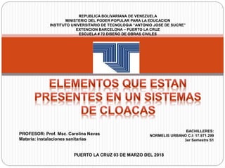 REPUBLICA BOLIVARIANA DE VENEZUELA
MINISTERIO DEL PODER POPULAR PARA LA EDUCACION
INSTITUTO UNIVERSITARIO DE TECNOLOGIA “ANTONIO JOSE DE SUCRE”
EXTENCION BARCELONA – PUERTO LA CRUZ
ESCUELA # 72 DISEÑO DE OBRAS CIVILES
BACHILLERES:
NORMELIS URBANO C.I: 17.971.299
3er Semestre S1
PROFESOR: Prof. Msc. Carolina Navas
Materia: instalaciones sanitarias
PUERTO LA CRUZ 03 DE MARZO DEL 2018
 