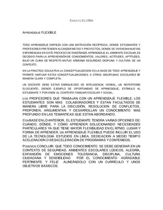 ENSAYO ELVIRA
APRENDIZAJE FLEXIBLE
TODO APRENDIZAJE EMPIEZA CON UNA MOTIVACIÓN RECÍPROCA, DONDE ESTUDIANTES Y
PROFESORES PRETENDEN ALCANZAR METAS Y PROYECTOS, DONDE SE VIVENCIAN NUEVAS
EXPERIENCIAS EN ESTE PROCESO DE ENSEÑANZA APRENDIZAJE.EL AMBIENTE ESCOLAR, ES
DECISIVO PARA LA APREHENSIÓN DE CONOCIMIENTOS, VALORES, ACTITUDES, APTITUDES,
BAJO UN CLIMA DE RESPETO MUTUO ARMONIA SEGURIDAD DICIPLINA Y CULTURA DE UN
CONTEXTO.
EN LA PRACTICA EDUCATIVA LA CONCEPTUALIZACION ES LA BASE DE TODO APRENDIZAJE Y
PERMITE AMPLIAR ESTAS CONCEPTUALIZACIONES A OTRAS DISCIPLINAS ESCOLARES DE
MANERA CLARA Y COMPLETA.
UN DOCENTE DEBE ESTAR ENRIQUECIDO DE INTELIGENCIA VERBAL, UN REPERTORIO
ELOCUENTE, SIENDO EJEMPLO DE OPORTUNIDAD DE APRNEDIZAJE, ESTIMULO AL
ESTUDIANTE Y POR ENDE AL CONTEXTO FAMILIAR ESCOLAR Y SOCIAL.
LOS PROFESORES QUE TRABAJAN CON UN APRENDIZAJE FLEXIBLE, LOS
ESTUDIANTES SON MAS COLABORADORES Y ESTAN FACULTADOS DE
MANERA LIBRE PARA LA DISCUSIÓN, RESOLUCION DE CONFLICTOS,
PROPONEN, ARGUMENTAN Y DESARROLLAN UN CONOCIMIENTO MAS
PROFUNDO EN LAS TEMANTICAS QUE ESTAN ABORDANDO.
CONBASEEN LO ANTERIOR, EL ESTUDIANTE TENDRA VARIAS OPCIONES DE:
CUÁNDO, DÓNDE, Y CÓMO APRENDER SOLUCIONANDO NECESIDADES
PARTICULARES YA QUE TIENE MAYOR FLEXIBILIDAD EN EL RITMO, LUGAR Y
FORMA DE APRENDER. UN APRENDIZAJE FLEXIBLE PUEDE INCLUIR EL USO
DE LA TECNOLOGIA ESTUDIOS EN LINEA, DEDICACION A MEDIO TIEMPO
ACELERACION O DESACELERACION DE PROGRAMAS YCONTENIDOS.
PODEMOS CONCLUIR: QUE TODO CONOCIMIENTO SE DEBE GENERAR EN UN
CONTEXTO DE SEGURIDAD, AMBIENTES ESCOLARES LÚDICOS, ALEGRÍA,
EXPANSIÓN DE EMOCIONES TOLERANCIA, DISCIPLINA, CULTURA
CIUDADANA Y SENSIBILIDAD POR EL CONOCIMIENTO AGRADABLE
PERTINENTE Y FELIZ ALINEÁNDOLO CON UN CURRÍCULO Y UNOS
OBJETIVOS BASISCOS.
 