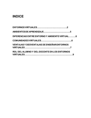 11
INDICE
ENTORNOS VIRTUALES…………………………………….2
AMBIENTESDE APRENDIZAJE…………………………….5
DIFERENCIAS ENTRE ENTORNO Y AMBIENTE VIRTUAL……….6
COMUNIDADES VIRTUALES……………………………………..6
VENTAJAS Y DESVENTAJAS DE ENSEÑARENTORNOS
VIRTUALES ………………………………………………………..7
ROL DEL ALUMNO Y DEL DOCENTE EN LOS ENTORNOS
VIRTUALES……………………………………………………………9
 