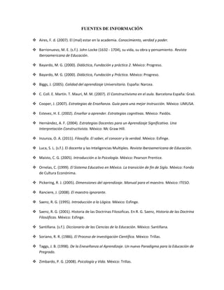 FUENTES DE INFORMACIÓN

 Aires, F. d. (2007). El (mal) estar en la academia. Conocimiento, verdad y poder.

 Barrionuevo, M. E. (s.f.). John Locke (1632 - 1704), su vida, su obra y pensamiento. Revista
  Iberoamericana de Educación.

 Bayardo, M. G. (2000). Didáctica, Fundación y práctica 2. México: Progreso.

 Bayardo, M. G. (2000). Didáctica, Fundación y Práctica. México: Progreso.

 Biggs, J. (2005). Calidad del aprendizaje Universitario. España: Narcea.

 C. Coll. E. Martín. T. Mauri, M. M. (2007). El Constructivismo en el aula. Barcelona España: Graó.

 Cooper, J. (2007). Estrategias de Enseñanza. Guía para una mejor Instrucción. México: LIMUSA.

 Estevez, H. E. (2002). Enseñar a aprender. Estrategias cognitivas. México: Paidós.

 Hernández, A. F. (2004). Estrategias Docentes para un Aprendizaje Significativo. Una
  Interpretación Constructivista. México: Mc Graw Hill.

 Inzunza, O. A. (2011). Filosofía. El saber, el conocer y la verdad. México: Esfinge.

 Luca, S. L. (s.f.). El docente y las Inteligencias Multiples. Revista Iberoamericana de Educación.

 Maisto, C. G. (2005). Introducción a la Psicología. México: Pearson Prentice.

 Ornelas, C. (1999). El Sistema Educativo en México. La transición de fin de Siglo. México: Fondo
  de Cultura Econónima.

 Pickering, R. J. (2005). Dimensiones del aprendizaje. Manual para el maestro. México: ITESO.

 Ranciere, J. (2008). El maestro ignorante.

 Saenz, R. G. (1995). Introducción a la Lógica. México: Esfinge.

 Saenz, R. G. (2001). Historia de las Doctrinas Filosoficas. En R. G. Saenz, Historia de las Doctrina
  Filosóficas. México: Esfinge.

 Santillana. (s.f.). Diccionario de las Ciencias de la Educación. México: Santillana.

 Soriano, R. R. (1986). El Proceso de investigación Científica. México: Trillas.

 Taggs, J. B. (1998). De la Eneseñanza al Aprendizaje. Un nuevo Paradigma para la Educación de
  Pregrado.

 Zimbardo, P. G. (2008). Psicología y Vida. México: Trillas.
 