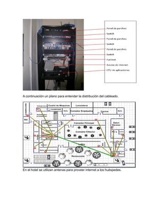 A continuación un plano para entender la distribución del cableado.

En el hotel se utilizan antenas para proveer internet a los huéspedes.

 