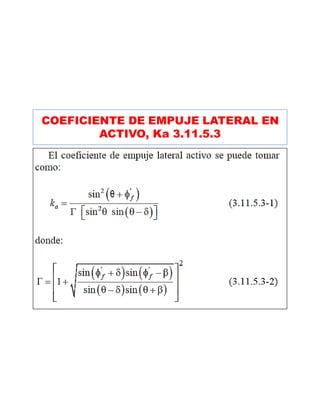 COEFICIENTE DE EMPUJE LATERAL EN
ACTIVO, Ka 3.11.5.3
 