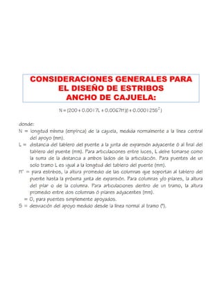 CONSIDERACIONES GENERALES PARA
EL DISEÑO DE ESTRIBOS
ANCHO DE CAJUELA:
 