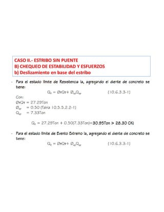 CASO II.- ESTRIBO SIN PUENTE
B) CHEQUEO DE ESTABILIDAD Y ESFUERZOS
b) Deslizamiento en base del estribo
 