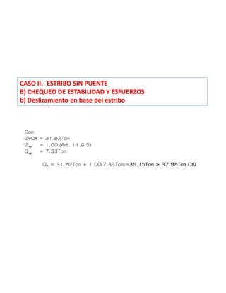 CASO II.- ESTRIBO SIN PUENTE
B) CHEQUEO DE ESTABILIDAD Y ESFUERZOS
b) Deslizamiento en base del estribo
 