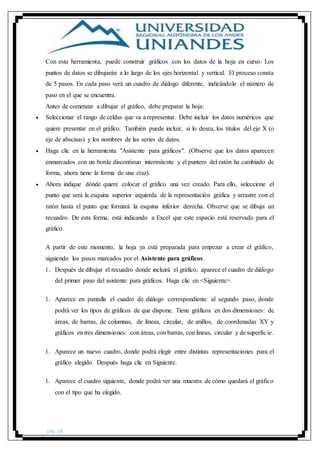 pág. 28
Con esta herramienta, puede construir gráficos con los datos de la hoja en curso. Los
puntos de datos se dibujarán a lo largo de los ejes horizontal y vertical. El proceso consta
de 5 pasos. En cada paso verá un cuadro de diálogo diferente, indicándole el número de
paso en el que se encuentra.
Antes de comenzar a dibujar el gráfico, debe preparar la hoja:
 Seleccionar el rango de celdas que va a representar. Debe incluir los datos numéricos que
quiere presentar en el gráfico. También puede incluir, si lo desea, los títulos del eje X (o
eje de abscisas) y los nombres de las series de datos.
 Haga clic en la herramienta "Asistente para gráficos". (Observe que los datos aparecen
enmarcados con un borde discontinuo intermitente y el puntero del ratón ha cambiado de
forma, ahora tiene la forma de una cruz).
 Ahora indique dónde quiere colocar el gráfico una vez creado. Para ello, seleccione el
punto que será la esquina superior izquierda de la representación gráfica y arrastre con el
ratón hasta el punto que formará la esquina inferior derecha. Observe que se dibuja un
recuadro. De esta forma, está indicando a Excel que este espacio está reservado para el
gráfico.
A partir de este momento, la hoja ya está preparada para empezar a crear el gráfico,
siguiendo los pasos marcados por el Asistente para gráficos.
1. Después de dibujar el recuadro donde incluirá el gráfico, aparece el cuadro de diálogo
del primer paso del asistente para gráficos. Haga clic en <Siguiente>.
1. Aparece en pantalla el cuadro de diálogo correspondiente al segundo paso, donde
podrá ver los tipos de gráficos de que dispone. Tiene gráficos en dos dimensiones: de
áreas, de barras, de columnas, de líneas, circular, de anillos, de coordenadas XY y
gráficos en tres dimensiones: con áreas, con barras, con líneas, circular y de superficie.
1. Aparece un nuevo cuadro, donde podrá elegir entre distintas representaciones para el
gráfico elegido. Después haga clic en Siguiente.
1. Aparece el cuadro siguiente, donde podrá ver una muestra de cómo quedará el gráfico
con el tipo que ha elegido.
 