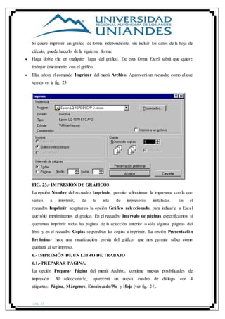 pág. 35
Si quiere imprimir un gráfico de forma independiente, sin incluir los datos de la hoja de
cálculo, puede hacerlo de la siguiente forma:
 Haga doble clic en cualquier lugar del gráfico. De esta forma Excel sabrá que quiere
trabajar únicamente con el gráfico.
 Elija ahora el comando Imprimir del menú Archivo. Aparecerá un recuadro como el que
vemos en la fig. 23.
FIG. 23.- IMPRESIÓN DE GRÁFICOS
La opción Nombre del recuadro Imprimir, permite seleccionar la impresora con la que
vamos a imprimir, de la lista de impresoras instaladas. En el
recuadro Imprimir aceptamos la opción Gráfico seleccionado, para indicarle a Excel
que sólo imprimiremos el gráfico. En el recuadro Intervalo de páginas especificamos si
queremos imprimir todas las páginas de la selección anterior o sólo algunas páginas del
libro y en el recuadro Copias se pondrán las copias a imprimir. La opción Presentación
Preliminar hace una visualización previa del gráfico, que nos permite saber cómo
quedará al ser impreso.
6.- IMPRESIÓN DE UN LIBRO DE TRABAJO
6.1.- PREPARAR PÁGINA.
La opción Preparar Página del menú Archivo, contiene nuevas posibilidades de
impresión. Al seleccionarlo, aparecerá un nuevo cuadro de diálogo con 4
etiquetas: Página, Márgenes, Encabezado/Pie y Hoja (ver fig. 24).
 