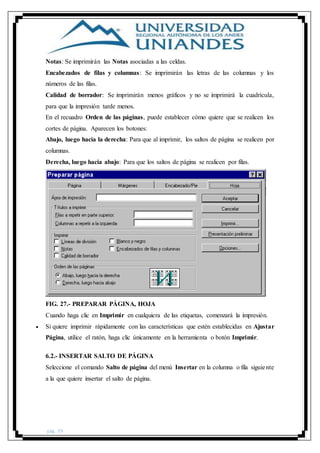 pág. 39
Notas: Se imprimirán las Notas asociadas a las celdas.
Encabezados de filas y columnas: Se imprimirán las letras de las columnas y los
números de las filas.
Calidad de borrador: Se imprimirán menos gráficos y no se imprimirá la cuadrícula,
para que la impresión tarde menos.
En el recuadro Orden de las páginas, puede establecer cómo quiere que se realicen los
cortes de página. Aparecen los botones:
Abajo, luego hacia la derecha: Para que al imprimir, los saltos de página se realicen por
columnas.
Derecha, luego hacia abajo: Para que los saltos de página se realicen por filas.
FIG. 27.- PREPARAR PÁGINA, HOJA
Cuando haga clic en Imprimir en cualquiera de las etiquetas, comenzará la impresión.
 Si quiere imprimir rápidamente con las características que estén establecidas en Ajustar
Página, utilice el ratón, haga clic únicamente en la herramienta o botón Imprimir.
6.2.- INSERTAR SALTO DE PÁGINA
Seleccione el comando Salto de página del menú Insertar en la columna o fila siguiente
a la que quiere insertar el salto de página.
 