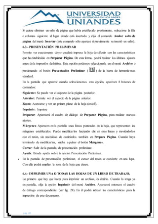 pág. 40
Si quiere eliminar un salto de página que había establecido previamente, seleccione la fila
o columna siguiente al lugar donde está insertado y elija el comando Anular salto de
página del menú Insertar (este comando sólo aparece si previamente se insertó un salto).
6.3.- PRESENTACIÓN PRELIMINAR
Permite ver exactamente cómo quedará impresa la hoja de cálculo con las características
que ha establecido en Preparar Página. De esta forma, podrá realizar los últimos ajustes
antes de la impresión definitiva. Esta opción podemos seleccionarla en el menú Archivo o
presionando el botón Presentación Preliminar ( ) de la barra de herramientas
standard.
En la pantalla que aparece cuando seleccionamos esta opción, aparecen 8 botones de
comandos:
Siguiente: Se puede ver el aspecto de la página posterior.
Anterior: Permite ver el aspecto de la página anterior.
Zoom: Acercarse y ver un primer plano de la hoja (on/off).
Imprimir: Imprime
Preparar: Aparecerá el cuadro de diálogo de Preparar Página, para realizar nuevos
ajustes.
Márgenes: Aparecen en la pantalla unas líneas punteadas en la hoja, que representan los
márgenes establecidos. Puede modificarlos haciendo clic en esas líneas y moviéndolos
con el ratón, sin necesidad de cambiarlos también en Prepara Página. Cuando haya
terminado de modificarlos, vuelva a pulsar el botón Márgenes.
Cerrar: Salir de la pantalla de presentación preliminar.
Ayuda: Brinda ayuda sobre la opción Presentación Preliminar.
 En la pantalla de presentación preliminar, el cursor del ratón se convierte en una lupa.
Con ella podrá ampliar la zona de la hoja que desee.
6.4.- IMPRIMIR UNA O TODAS LAS HOJAS DE UN LIBRO DE TRABAJO.
Lo primero que hay que hacer para imprimir un archivo, es abrirlo. Cuando lo tenga ya
en pantalla, elija la opción Imprimir del menú Archivo. Aparecerá entonces el cuadro
de diálogo correspondiente (ver fig. 28). En él podrá indicar las características para la
impresión de este documento.
 
