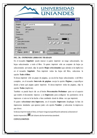 pág. 41
FIG. 28.- IMPRIMIR LIBRO DE TRABAJO
En el recuadro Imprimir puede marcar si quiere imprimir un rango seleccionado, las
hojas seleccionadas o todo el libro. Si quiere imprimir sólo un conjunto de hojas ya
seleccionadas por usted, elija la opción Hojas seleccionadas (que además es la implícita)
en el recuadro Imprimir. Para imprimir todas las hojas del libro, seleccione la
opción Todo el libro.
Si desea imprimir sólo un grupo de páginas, ya sea de las hojas seleccionadas o del libro
completo, en el recuadro Intervalo de páginas escoja la opción Páginas y especifique
desde y hasta qué página quiere imprimir. Si desea imprimir todas las páginas, elija la
opción Todas (implícita).
También se puede hacer clic en el botón Presentación Preliminar para ver el aspecto
que tendrá el documento impreso y en Impresora para configurar los parámetros de la
impresora si aún no lo ha hecho o han cambiado desde la última vez que imprimió.
Si quiere seleccionar otra impresora, en el recuadro Impresora despliegue la lista de
impresoras instaladas que aparece junto a la opción Nombre: y seleccione la impresora
que desee.
Si deseaimprimirtodoel libro,sinhacerningunaespecificaciónadicional,seleccione el
botónImpresión( ) de labarra de herramientasstandard.
CONCLUSIONES
 