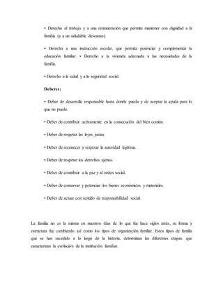 • Derecho al trabajo y a una remuneración que permita mantener con dignidad a la
familia (y a un saludable descanso).
• Derecho a una instrucción escolar, que permita potenciar y complementar la
educación familiar. • Derecho a la vivienda adecuada a las necesidades de la
familia.
• Derecho a la salud y a la seguridad social.
Deberes:
• Deber de desarrollo responsable hasta donde pueda y de aceptar la ayuda para lo
que no puede.
• Deber de contribuir activamente en la consecución del bien común.
• Deber de respetar las leyes justas.
• Deber de reconocer y respetar la autoridad legítima.
• Deber de respetar los derechos ajenos.
• Deber de contribuir a la paz y al orden social.
• Deber de conservar y potenciar los bienes económicos y materiales.
• Deber de actuar con sentido de responsabilidad social.
La familia no es la misma en nuestros días de lo que fue hace siglos atrás, su forma y
estructura fue cambiando así como los tipos de organización familiar. Estos tipos de familia
que se han sucedido a lo largo de la historia, determinan las diferentes etapas. que
caracterizan la evolución de la institución familiar.
 