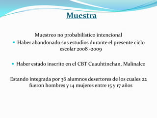 MuestraMuestreo no probabilístico intencionalHaber abandonado sus estudios durante el presente ciclo escolar 2008 -2009Haber estado inscrito en el CBT Cuauhtinchan, MalinalcoEstando integrada por 36 alumnos desertores de los cuales 22 fueron hombres y 14 mujeres entre 15 y 17 años