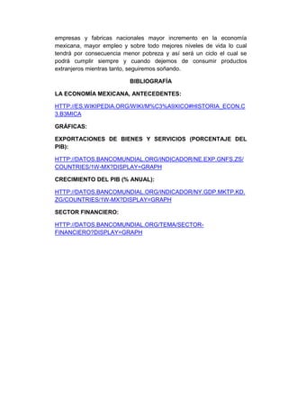 empresas y fabricas nacionales mayor incremento en la economía
mexicana, mayor empleo y sobre todo mejores niveles de vida lo cual
tendrá por consecuencia menor pobreza y así será un ciclo el cual se
podrá cumplir siempre y cuando dejemos de consumir productos
extranjeros mientras tanto, seguiremos soñando.

                          BIBLIOGRAFÍA

LA ECONOMÍA MEXICANA, ANTECEDENTES:

HTTP://ES.WIKIPEDIA.ORG/WIKI/M%C3%A9XICO#HISTORIA_ECON.C
3.B3MICA

GRÁFICAS:

EXPORTACIONES DE BIENES Y SERVICIOS (PORCENTAJE DEL
PIB):

HTTP://DATOS.BANCOMUNDIAL.ORG/INDICADOR/NE.EXP.GNFS.ZS/
COUNTRIES/1W-MX?DISPLAY=GRAPH

CRECIMIENTO DEL PIB (% ANUAL):

HTTP://DATOS.BANCOMUNDIAL.ORG/INDICADOR/NY.GDP.MKTP.KD.
ZG/COUNTRIES/1W-MX?DISPLAY=GRAPH

SECTOR FINANCIERO:

HTTP://DATOS.BANCOMUNDIAL.ORG/TEMA/SECTOR-
FINANCIERO?DISPLAY=GRAPH
 
