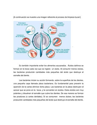 [A continuación se muestra una imagen referente al proceso de limpieza bucal.]




                                                                     .




      Es también importante evitar los alimentos azucarados. Ácidos dañinos se
forman en la boca cada vez que se ingiere un dulce. Al consumir menos dulces,
las bacterias producirán cantidades más pequeñas del ácido que destruye el
esmalte del diente.

      Las bacterias inician su acción formando, sobre la superficie de los dientes,
una pequeña capa llamada placa bacteriana. Es fundamental para prevenir la
aparición de la caries eliminar dicha placa. Las bacterias en la placa destruyen el
azúcar que se pone en la boca, y la convierten en ácidos. Estos ácidos son muy
potentes y disuelven el esmalte que cubre los dientes. De esa manera se forman
las picaduras (o caries dentales). Si se consumen menos dulces, las bacterias
producirán cantidades más pequeñas del ácido que destruye el esmalte del diente.
 